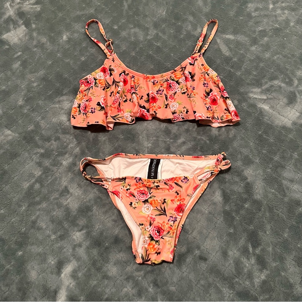 Minkpink Peach‎ Floral Ruffle Flounce Bikini Set Strappy Bottoms XS
